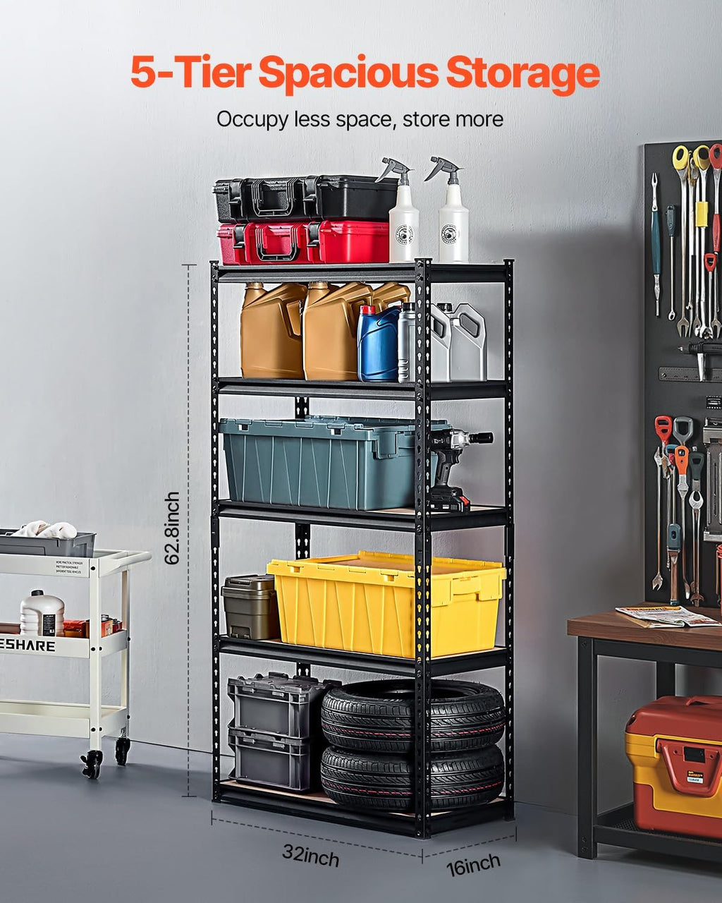 VEVOR Storage Shelves, 2000 lbs, 5 Tier Garage Storage Shelving, 16" D x 32" W x 62.8" H Adjustable Metal Shelves for Garage Shelves Utility Rack Shelf, Ideal for Kitchen, Warehouse, Basement, Black