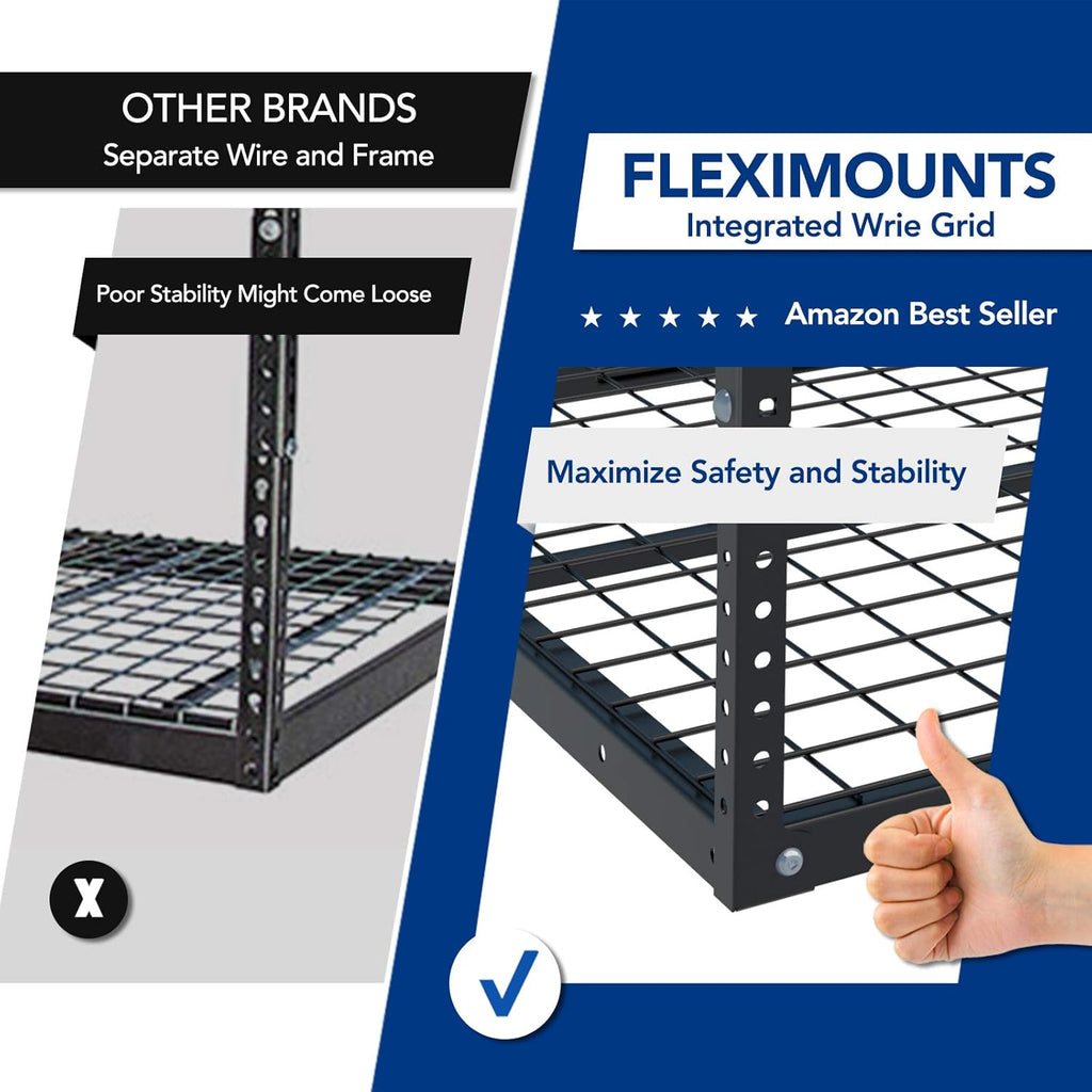 FLEXIMOUNTS 4x8 Overhead Garage Storage Rack w/Hooks Adjustable Ceiling Storage Rack, 96" Length x 48" Width x 40" Height, 22''-40" Ceiling Dropdown, Black, Classic Series