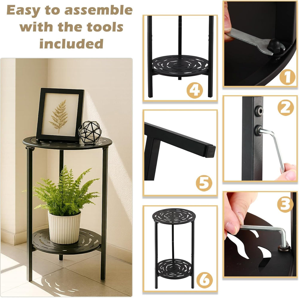 2-Tier Metal Round Side Table Black Accent Coffee Tables Small Space Corner P...
