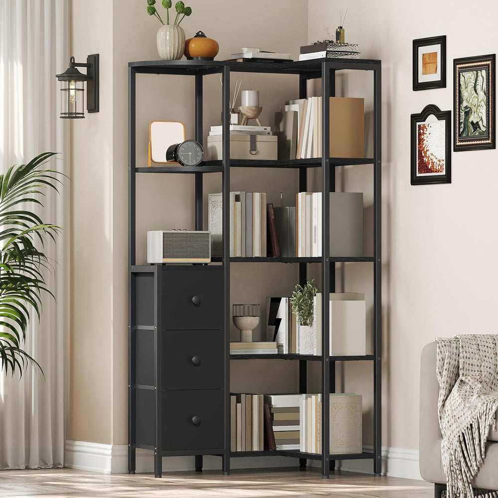 YATINEY Corner Bookshelf, 5-Tier L-Shaped Bookcase with 3 Fabric Drawers, Sto...