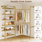 L2 Wall Mounted Closet System, Industrial Pipe Clothing Rack Clothes Racks with 2 Telescopic Rod & 6 Shelves, Heavy Duty Closet Organizers System in Wardrobe Closet, Gold