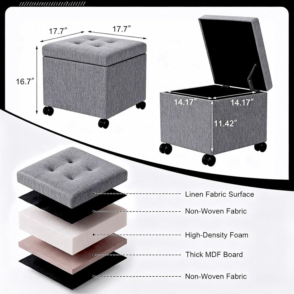 Homebeez 18" Square Storage Ottoman with Wheels, Tufted Linen Cube | Rol...
