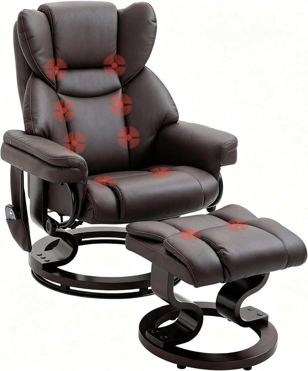 HOMCOM Massage Recliner Chair with Ottoman Footrest, 360° Swivel, Brown