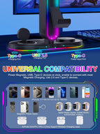 RGB Headset Stand with Wireless Charger, 8-in-1 Charging Station for iPhone, Samsung, Apple Watch Type-C/USB Ports, Gaming Headphone & Controllers Holder, Organizer for Desk Includes 20W PD Adapter