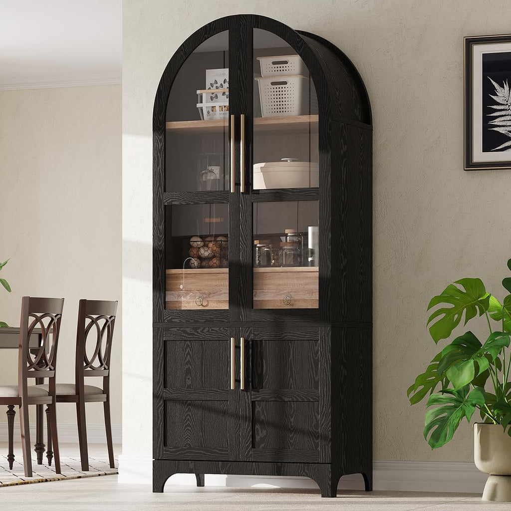 Arched Kitchen Pantry Cabinet with Hidden Drawer and Spice Rack, Arched Bookshelf with Storage Cabinet & Glass Doors, Versatile Cupboard for Living Room & Dining Room (Black)