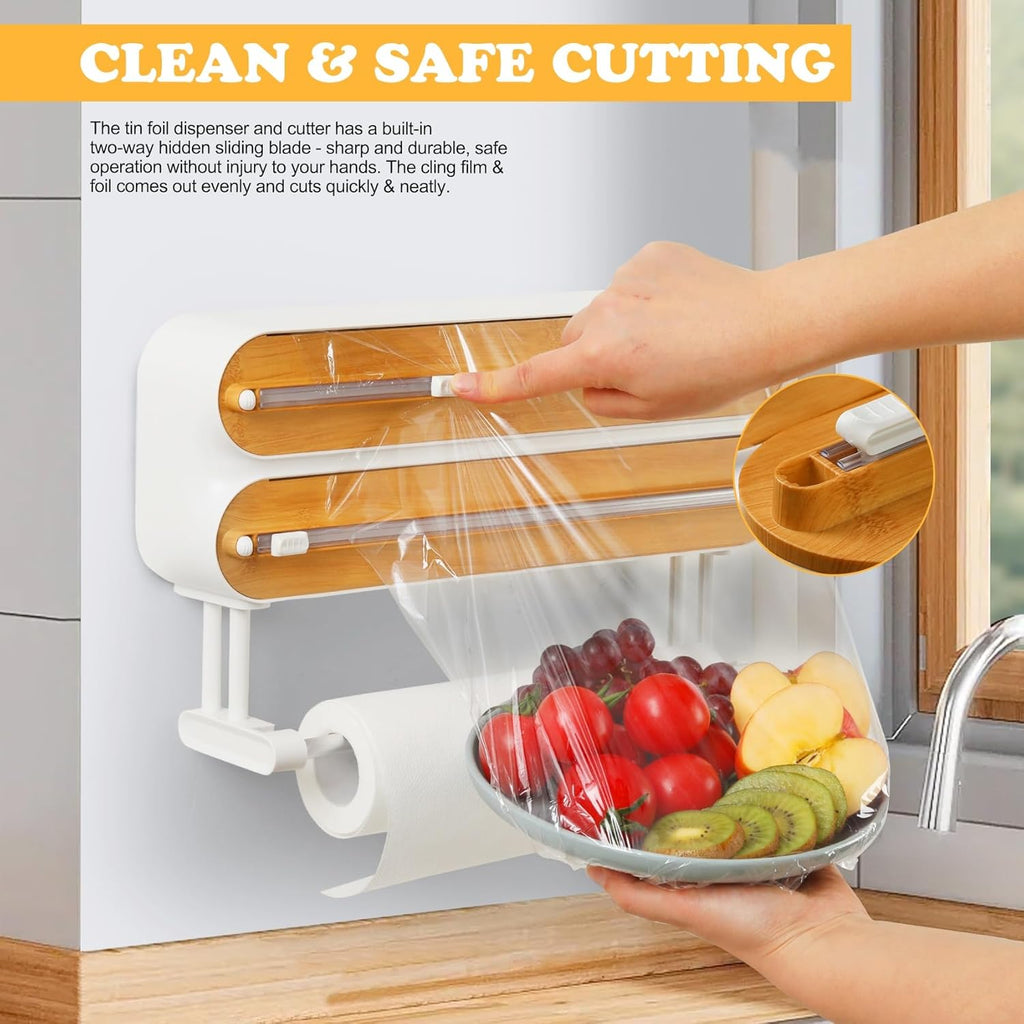 Magnetic Plastic Wrap Dispenser with Cutter - Quasziwa Refillable Tin Foil and Plastic Wrap Organizer for Kitchen, Aluminum Foil Dispenser with Paper Towel Holder Wall Mount - Fits 12" Roll, White