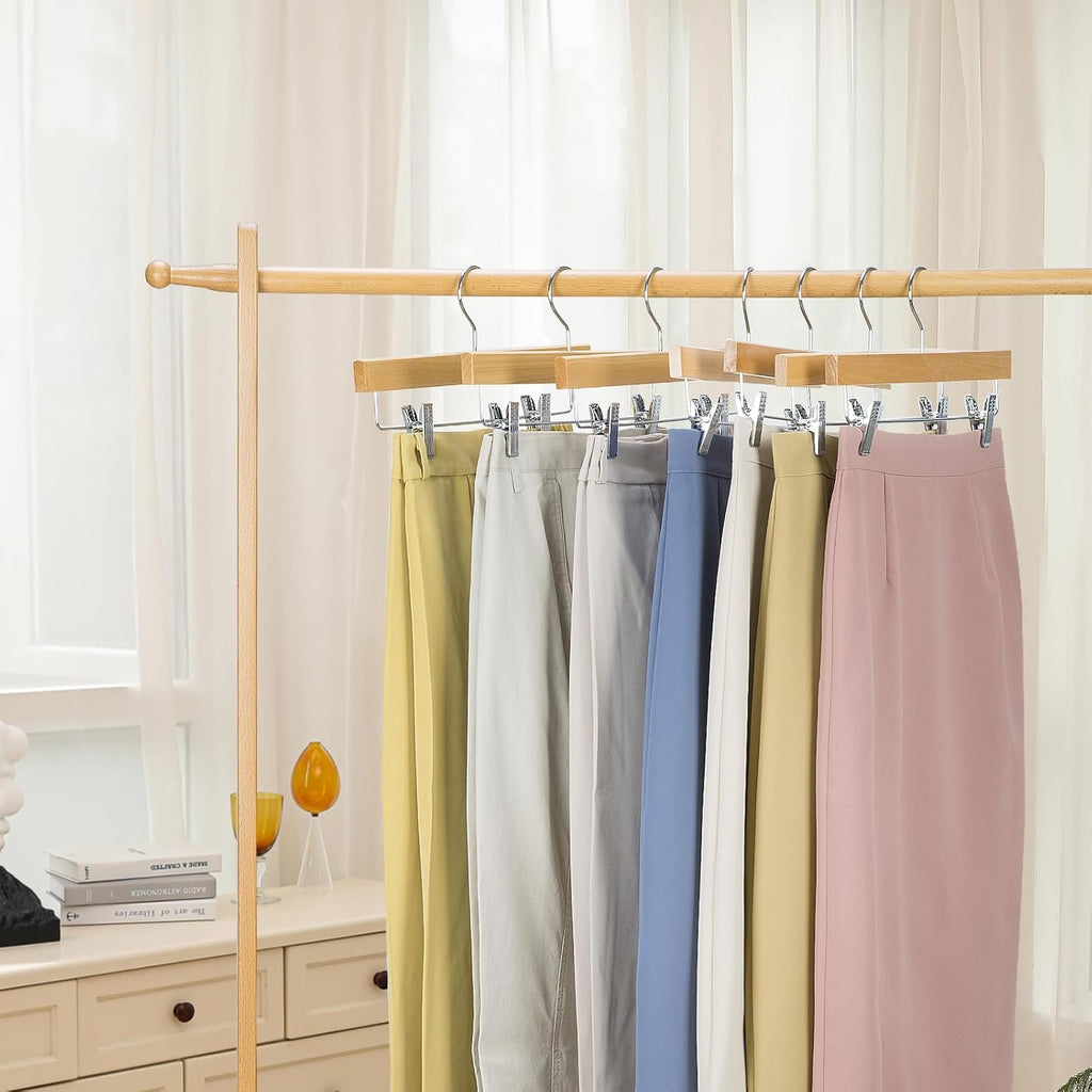 Nature Smile Deluxe Wooden Pants Hangers,Solid Lotus Wood Jeans Skirt Hanger with Clips Anti-Rust Hook Pack of 28（Natural）
