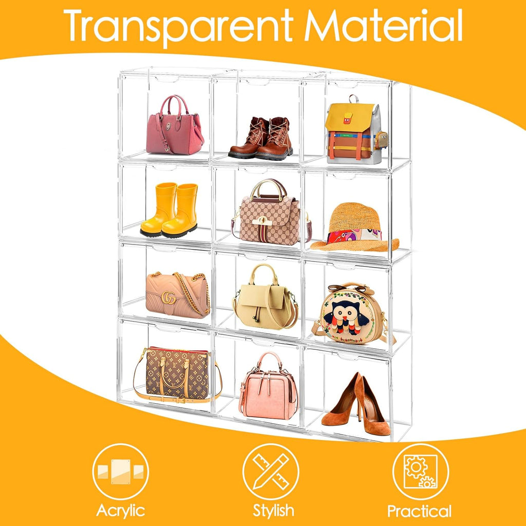 4Pack Purse Organizer for Closet Clear Acrylic Display Case Handbag Storage Organizer Box with Magnetic Door Stackable Storage Bins with Dustproof Lid for Book Toys Shoes Cosmetic Collectibles