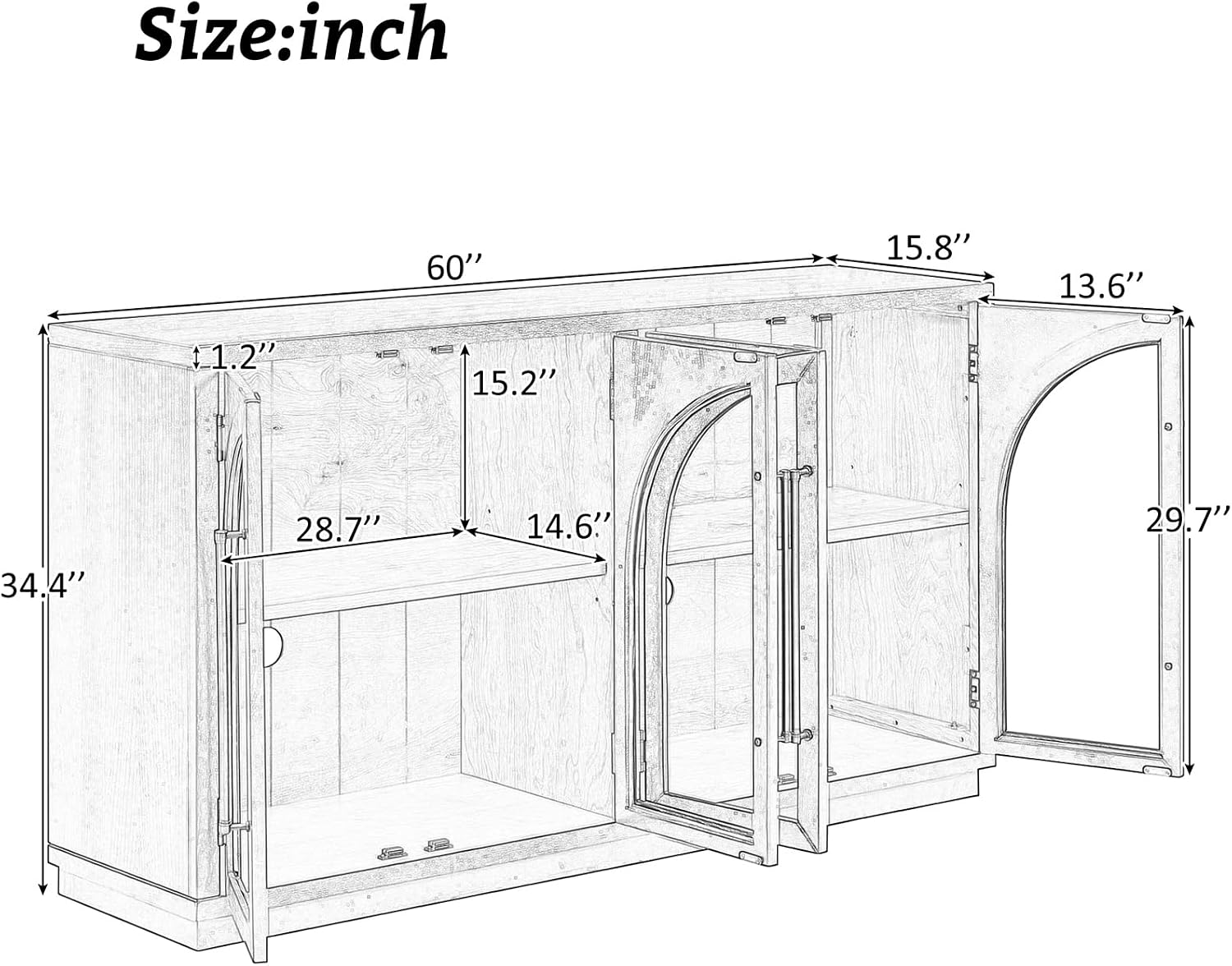 Large Arched Kitchen Sideboard, Wooden Storage Cabinet with Glass Doors with Adjustable Shelves for Kitchen, Dining Room and Bathroom (Black)