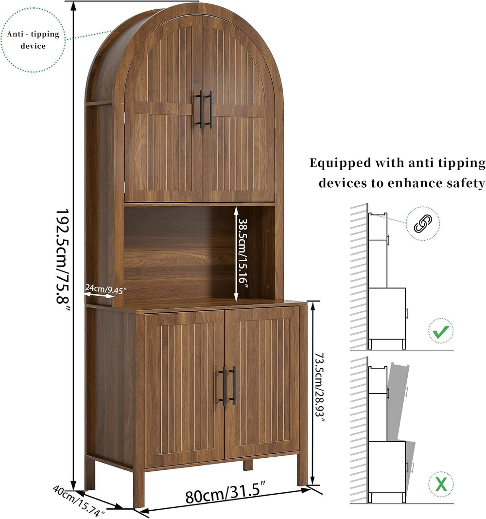 76" Tall Arched Kitchen Pantry, Large Kitchen Storage Cabinet with Flute...