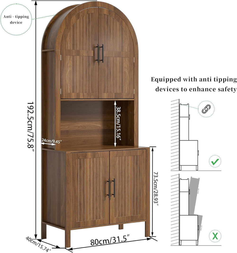76" Tall Arched Kitchen Pantry,Large Storage Cupboard with Fluted Doors,...