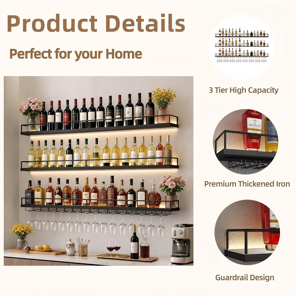 55in Wall Mounted Wine Rack, 3-Tier Metal Floating Bar Shelves with LED Light...
