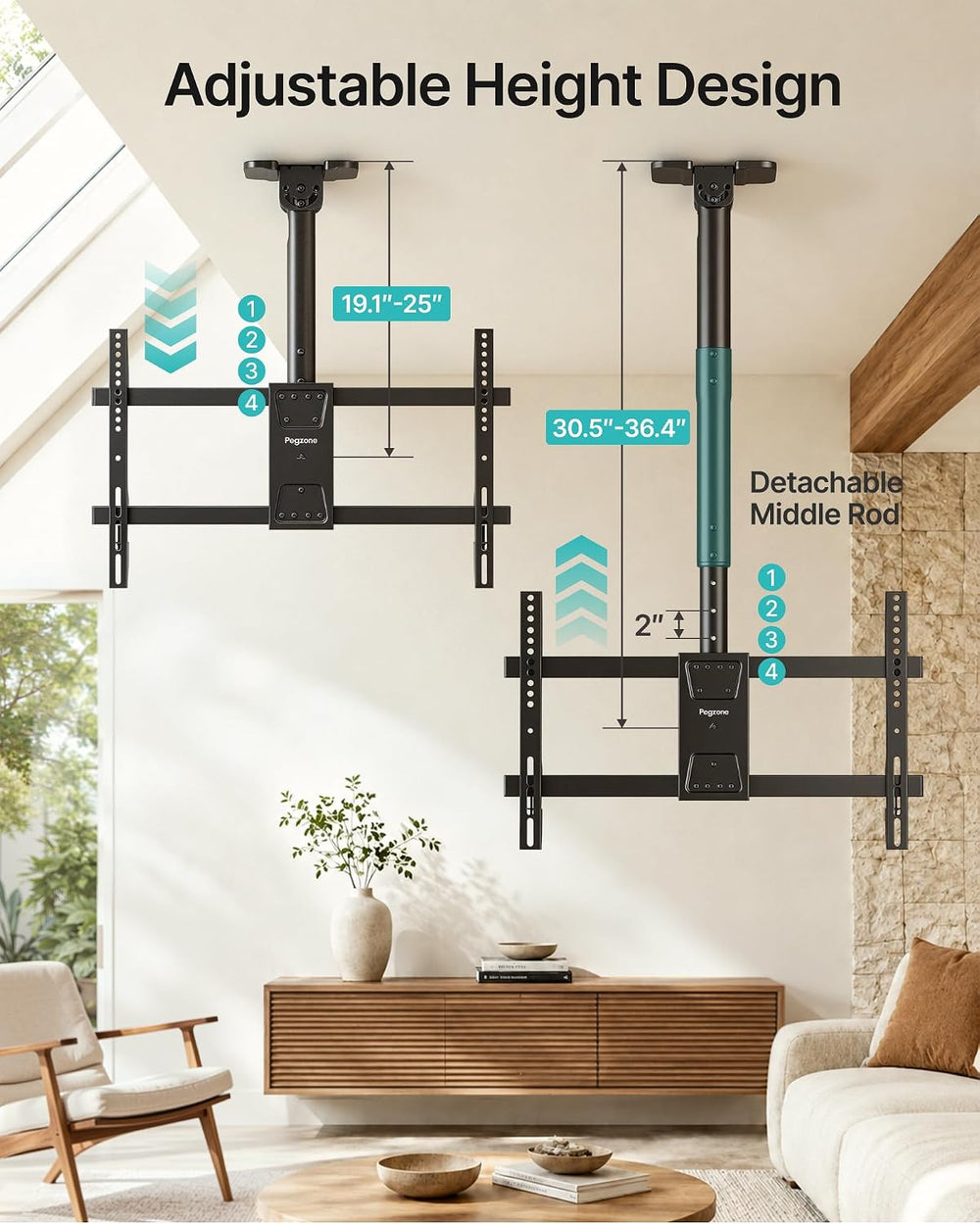 PEGZONE Ceiling TV Mount for 43-86 Inch TVs, 19.1"-36.4" Height Adj...