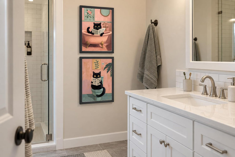 Funny Black Cat Bathroom Wall Art, Framed Set of 2, 12x16 in