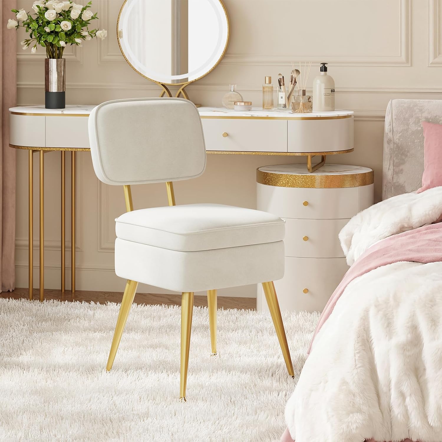 MALOL Velvet Makeup Vanity Chair with Storage and Back, Cute No Wheels Vanity Stool Ottoman with Golden Metal Legs for Bedroom Dressing Closet, Beige