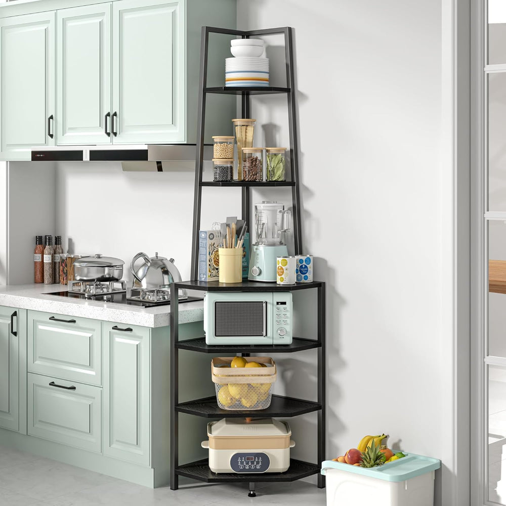 VECELO 6 Tier Corner Shelf 69 Inch Industrial Bookshelf with Metal Frame, Mul...