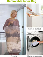efluky Double Laundry Hamper with Wheels, Divided Laundry Hamper with Removable Bags, 2 Section Dirty Clothes Basket with Handles for Bathroom, Bedroom & Laundry Room, 160L Beige