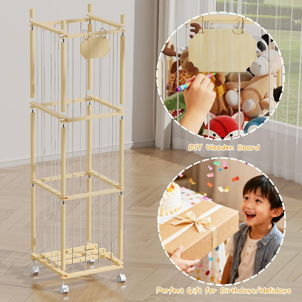 Stuffed Animal Storage, Wood Stuffed Animal Zoo with Wheels & Net, Toy Storage Organizer with Elastic Band, Large Capacity Toy Holder for Nursery, Playroom (3layers)
