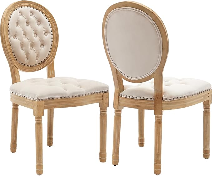French Country Dining Chairs Set of 2, Beige Kitchen & Dining Room Chairs, Velvet Kitchen Chairs, Tufted Upholstered, Wood Legs, Sillas De Comedor (Velvet, Beige, 2 Pcs)