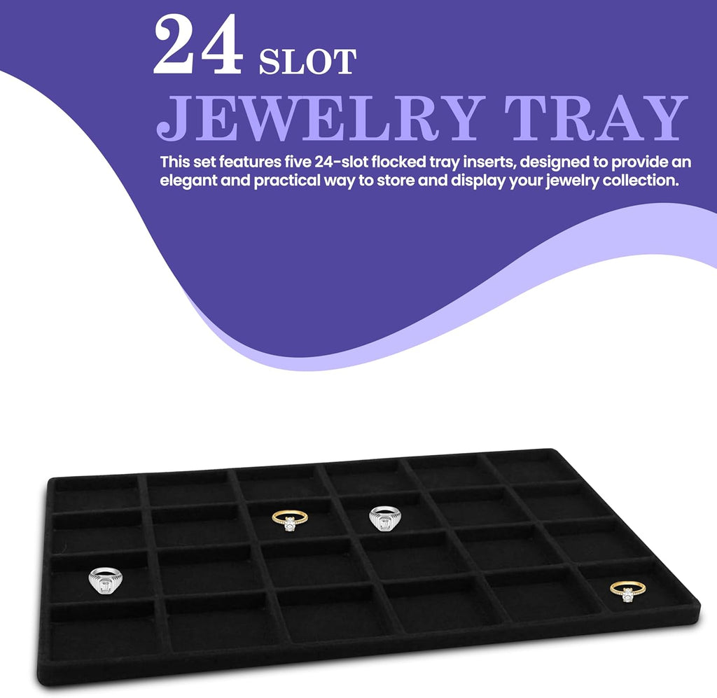 Novel Box 5 Pack 24-Slot Black Liner Jewelry Storage Tray Inserts 14.75x8.25x1 Inches - Jewelry Organizer Pad for Drawers & Store Displays - Jewelry Display Pads for Rings Earrings & Pendants