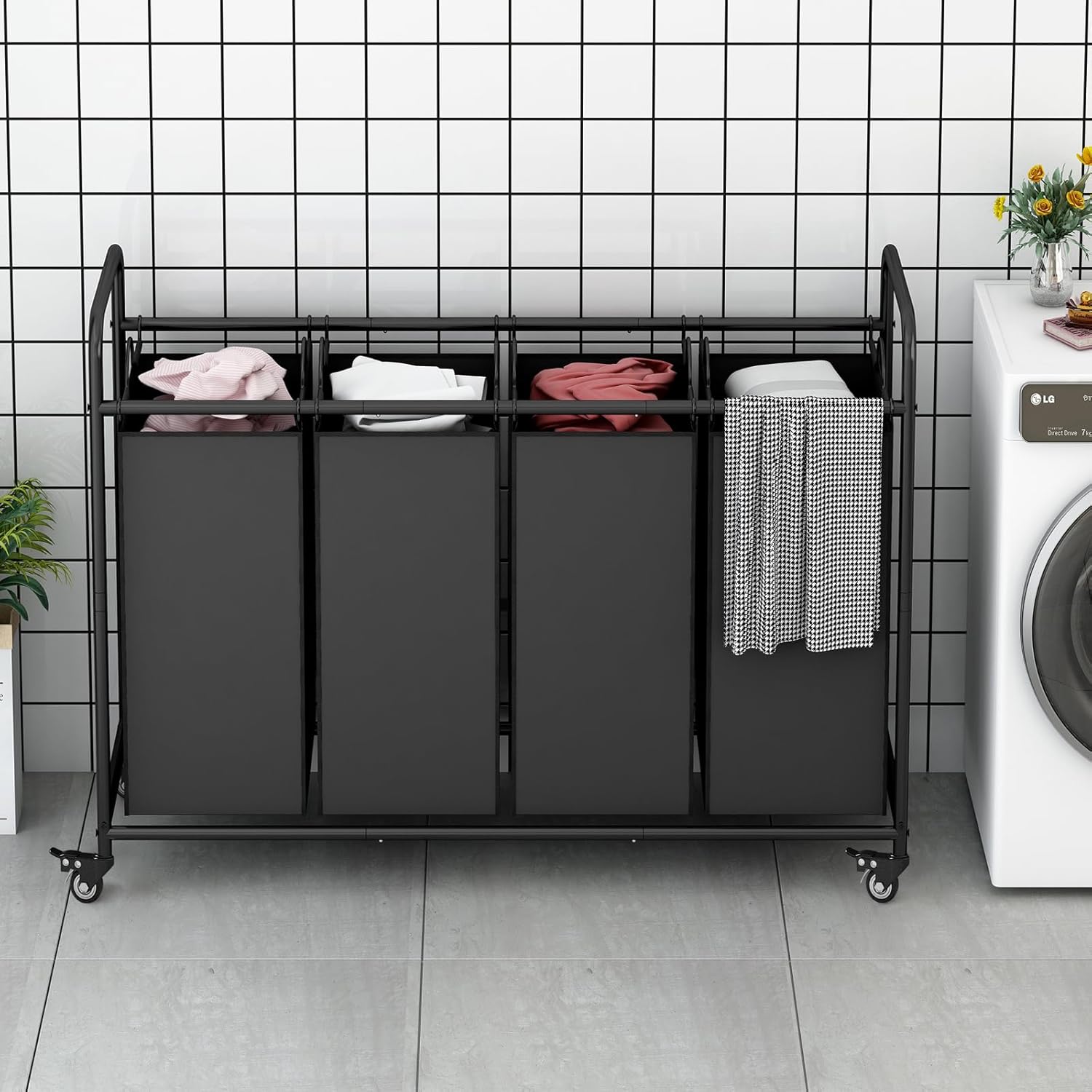 Laundry Sorter 4 Section Hamper Sorter with Heavy Duty Lockable Rolling Wheels Removable Bags Basket Separator for Dirty Clothes Storage,Black