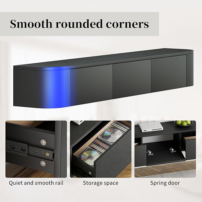 SHGJ&SOFT Floating TV Stand Wall Mounted Media Console with Door Entertainment Centerwith Storage Cabinets, Wall Mounted TV Shelf for Bedroom,Living Room (Black, 55.1IN)