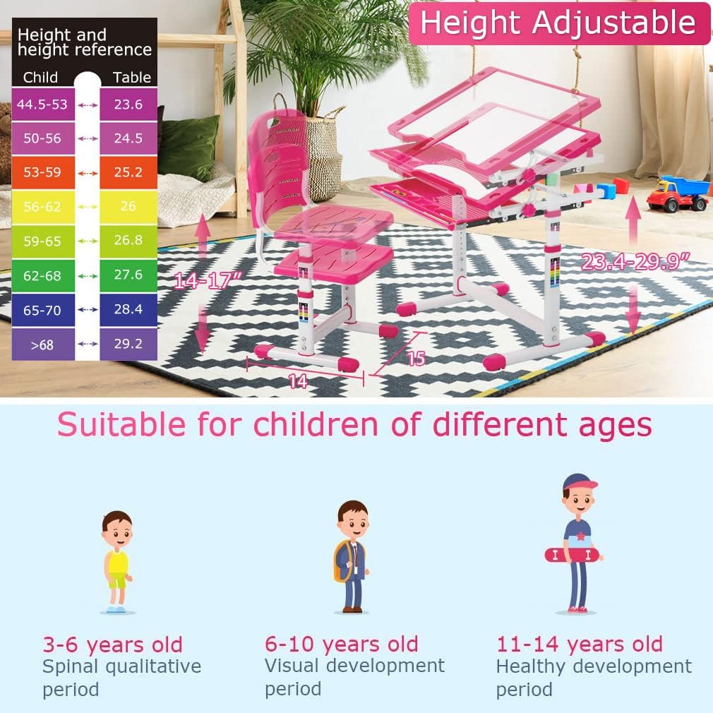 FDW Kids Desk Children Writing Student Desk Drafting Table Height Adjustable Study Table and Chair with Drawers Storage，Pink