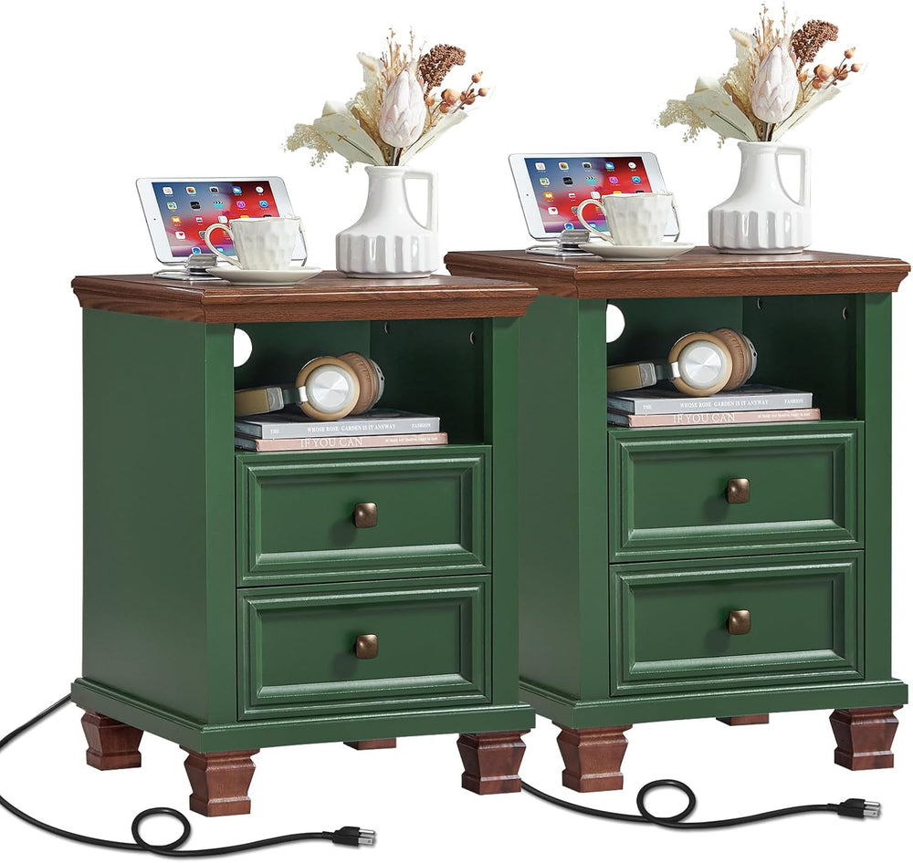 SAVOR LIFE Farmhouse Nightstand Set of 2 with Charging Station, Green | End T...