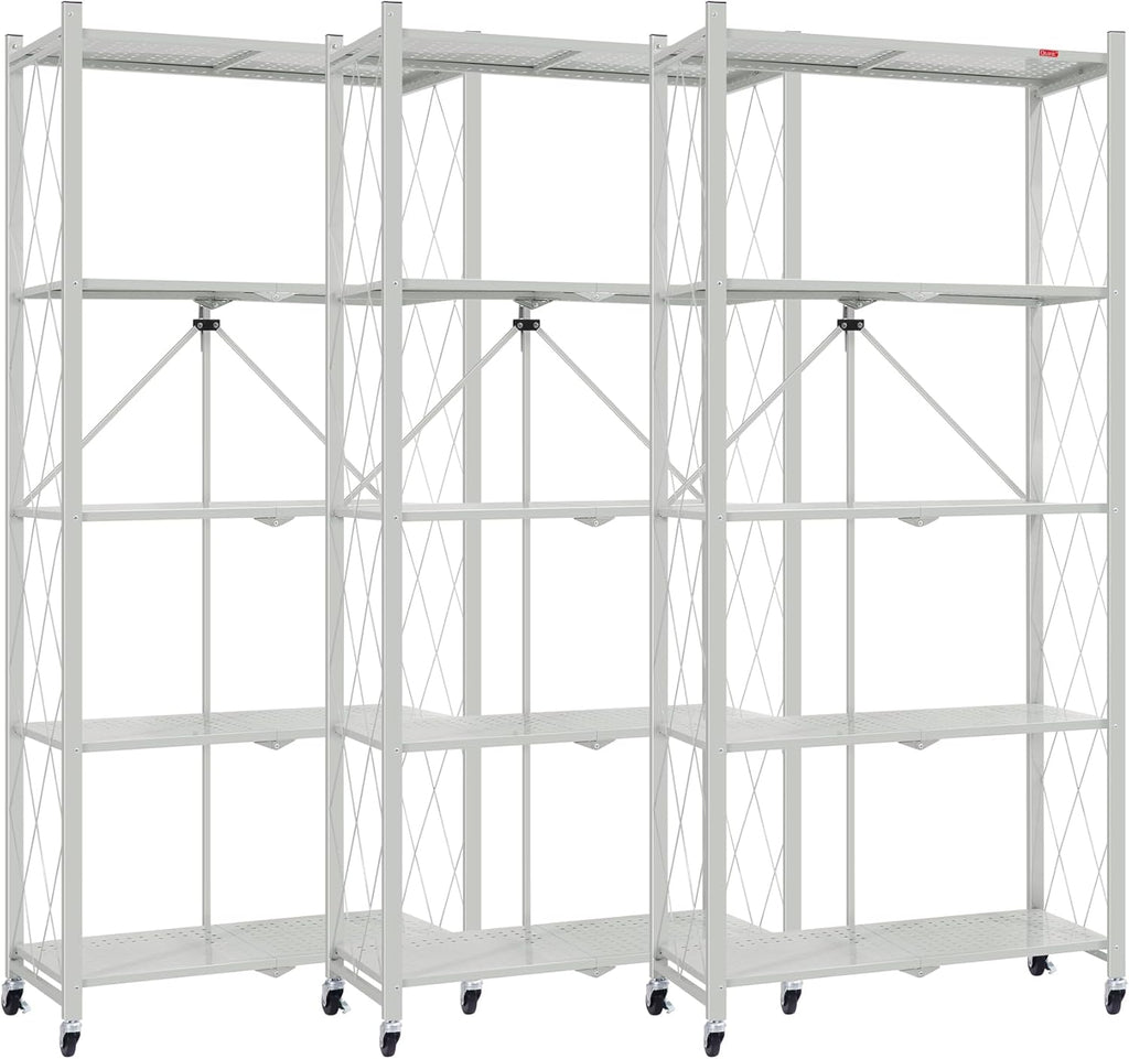 DEANIC 5 Tier Foldable Storage Shelves with Wheels, Large Capacity Shelving Unit, Freestanding Metal Wire Shelf Rack, No Assembly Organizer Rack for Garage Kitchen, Basement, Pantry(Grey Pack of 3)