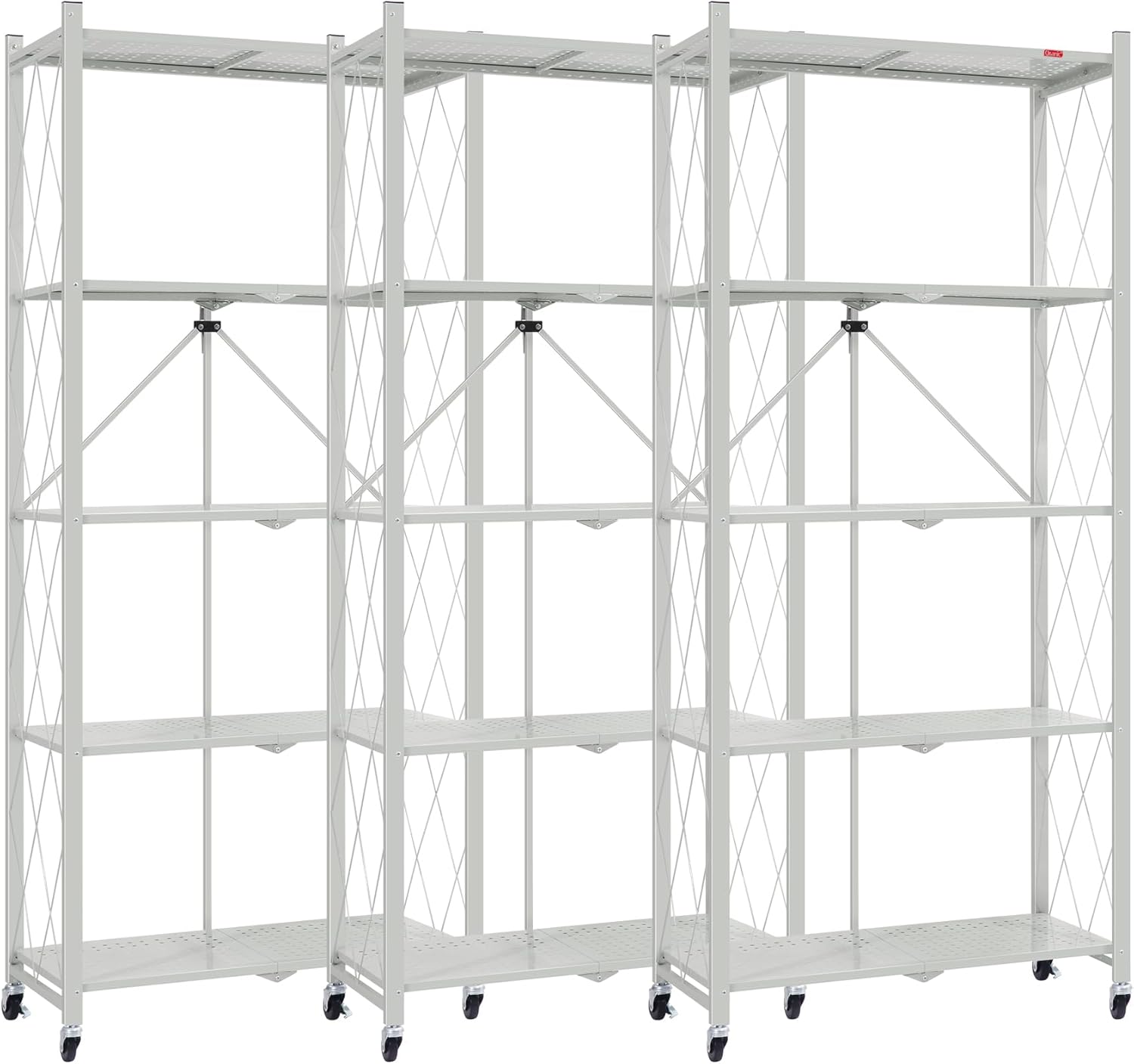 DEANIC 5 Tier Foldable Storage Shelves with Wheels, Large Capacity Shelving Unit, Freestanding Metal Wire Shelf Rack, No Assembly Organizer Rack for Garage Kitchen, Basement, Pantry(Grey Pack of 3)