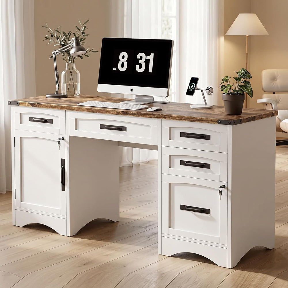 Decofy Farmhouse Executive Desk with Drawers, 55" Home Office Desks with...