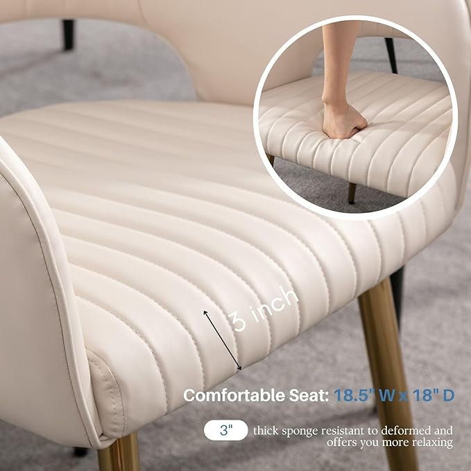 Faux Leather Dining Chairs Gold Legs, Modern Cream PU Leather Dining Room Chairs with Arms Set of 2 Upholstered Accent Chair Armchair with Barrel Back for Kitchen Living Room