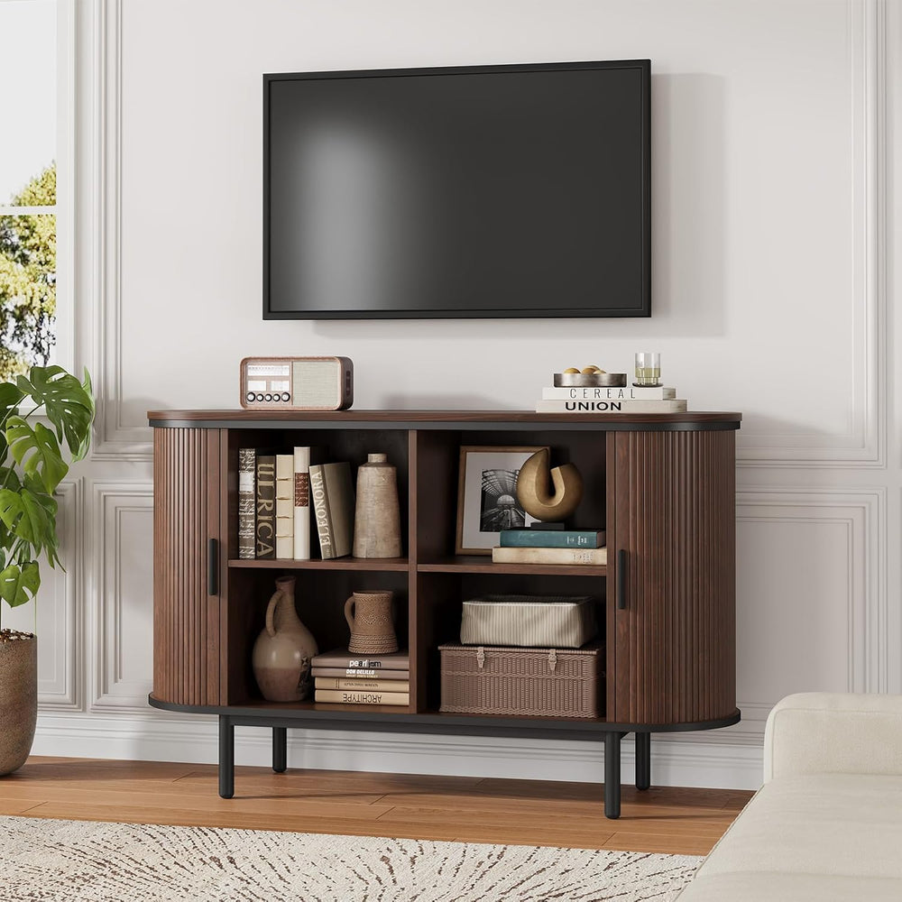 QUW Console Table with Sliding Tambour Doors, 47" Mid Century TV Stand w...