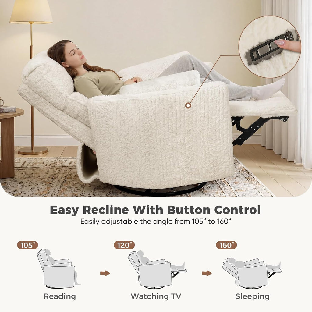 Power Swivel Rocker Recliner, Large Nursery Glider, USB A&C, Beige | Fluffy Plush Nursery Chair w/ 2 Pillows, USB and Type-C Ports, Night Light,for Living Room,Bedroom,Nursery