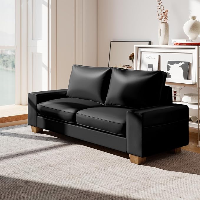 Modern Faux Leather Loveseat Sofa, Compact Small Couch with Spring Cushions & Solid Wood Frame, Easy-Clean Removable Cover, Living Room Office Apartment Furniture (71.25", Black)