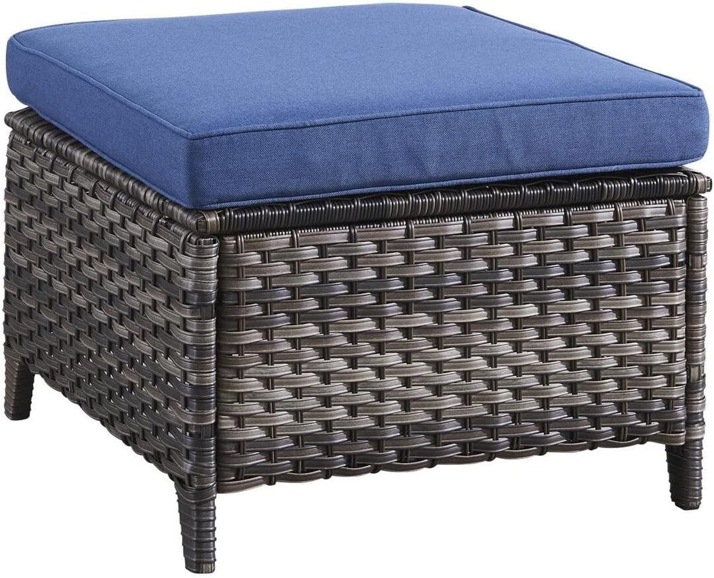 Outdoor Rattan Ottomans Wicker with Blue Cushion (Set of 2) Black Modern Cont...
