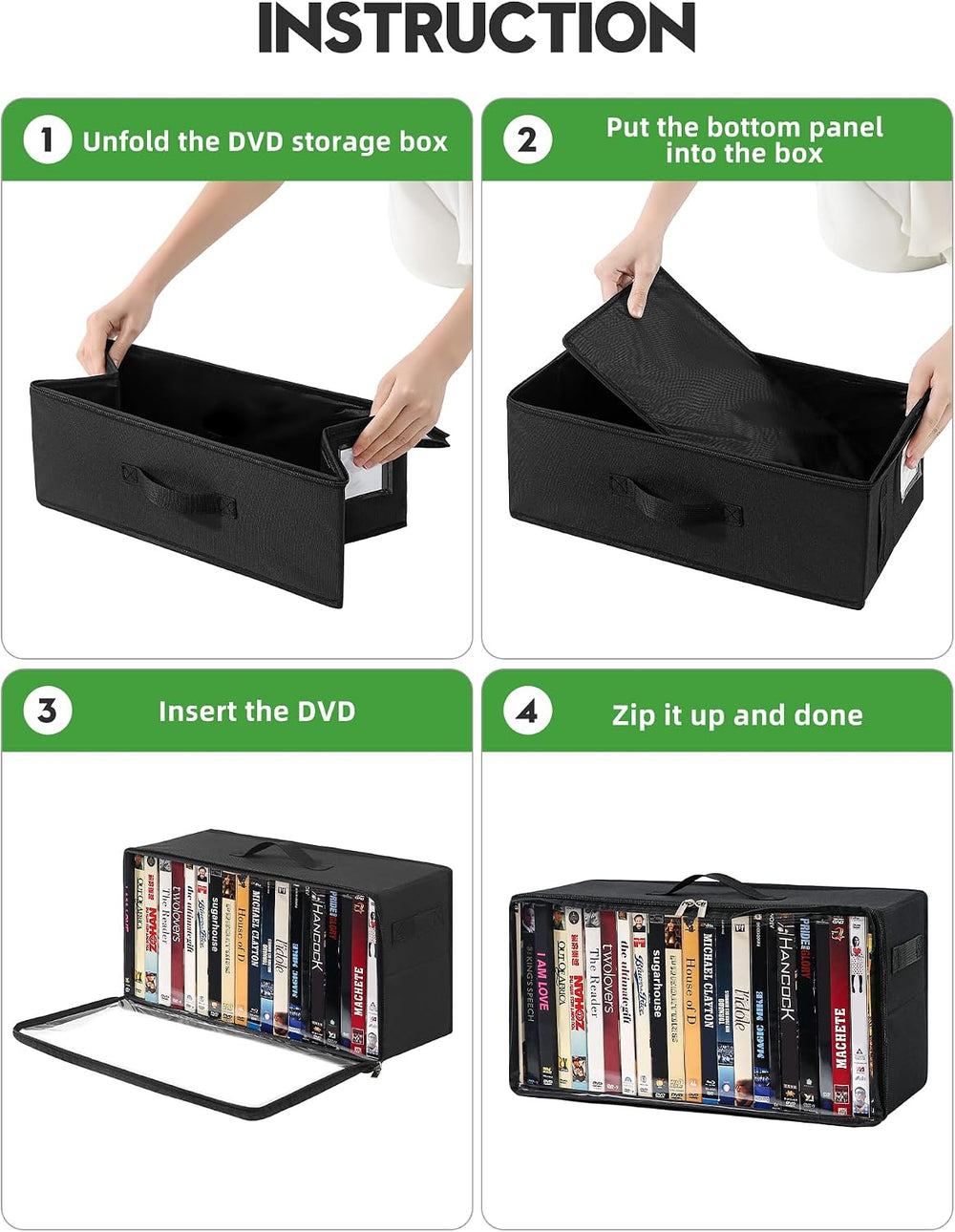 4-Pack DVD Storage Box, Stackable DVD Case Holder Organizer with Front Zipper...