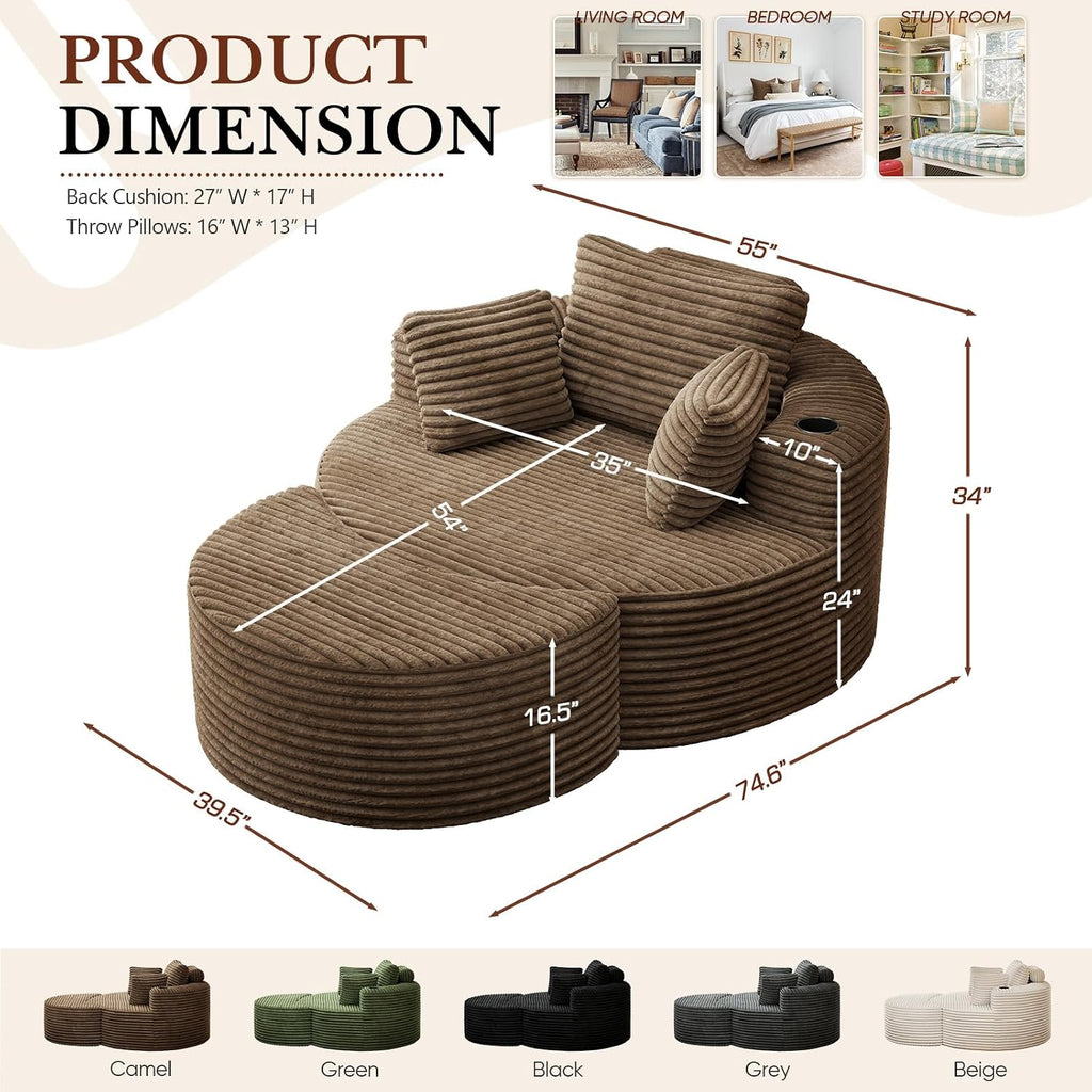 Oversized Round Chaise Longue Chair with Ottoman, Modern Corduroy Deep Seat Circle Single Cloud Boneless Floor Accent Chair w/Cup Holders for Living Room, Bedroom Apartment, 55" W * 74.6" D, Brown