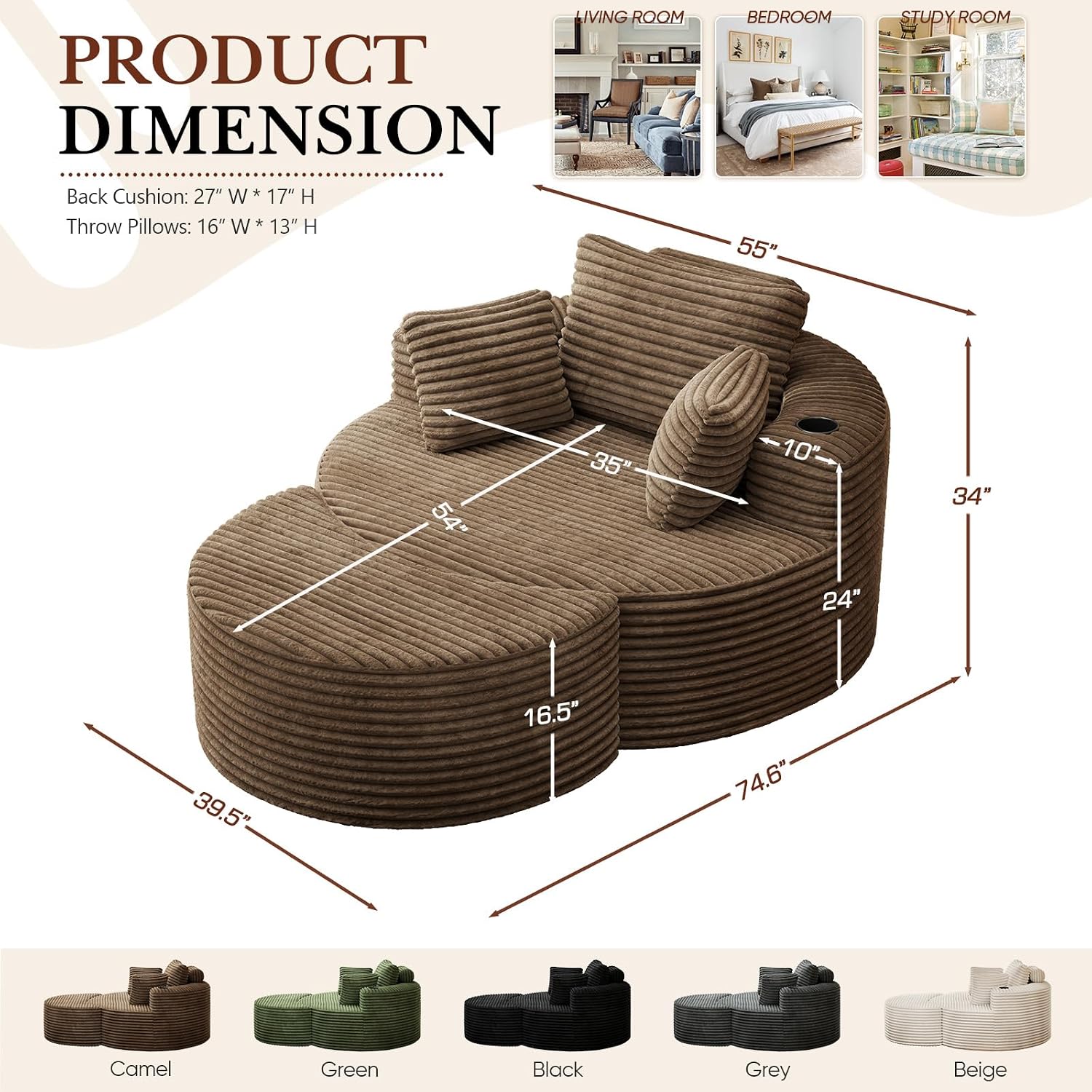 Oversized Round Chaise Longue Chair with Ottoman, Modern Corduroy Deep Seat Circle Single Cloud Boneless Floor Accent Chair w/Cup Holders for Living Room, Bedroom Apartment, 55" W * 74.6" D, Brown