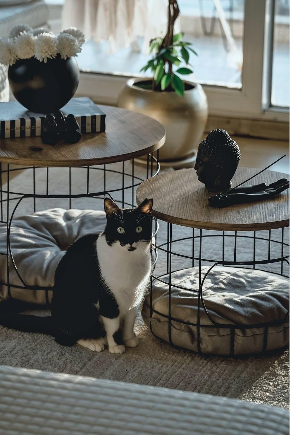 2-Piece Nesting Side Table Set with Cushions Scandinavian Style Round MDF and...