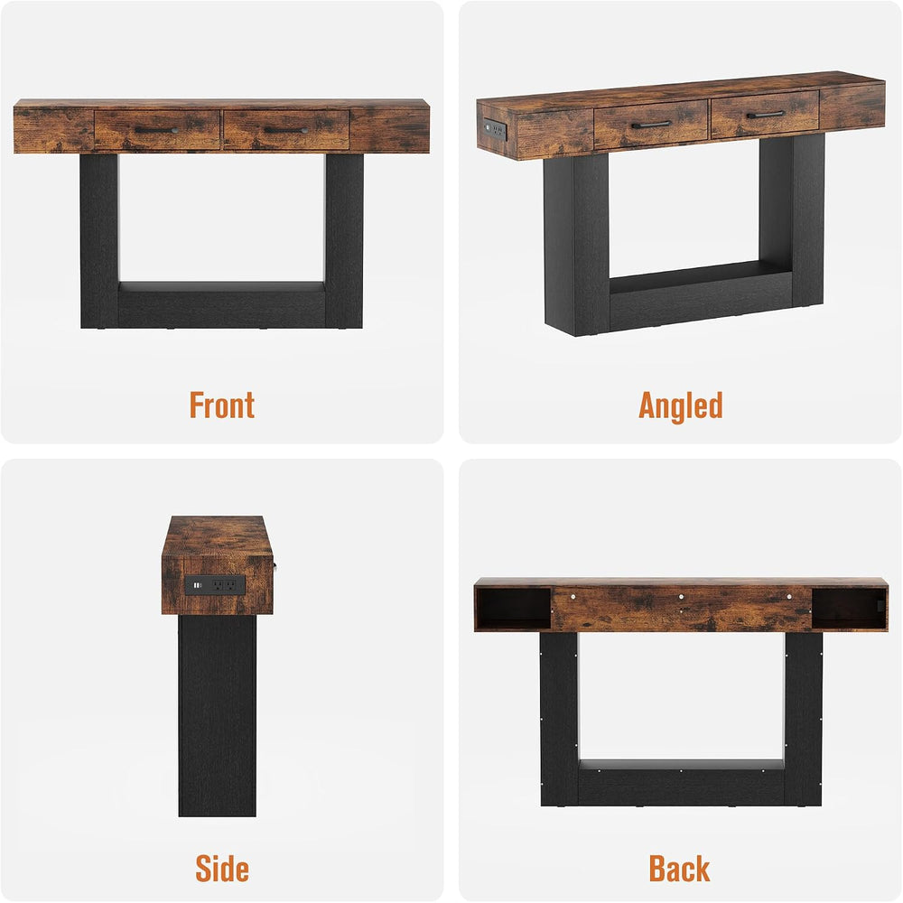 63" Long Console Table with LED Lights & Charging Station,2-Tier Ent...
