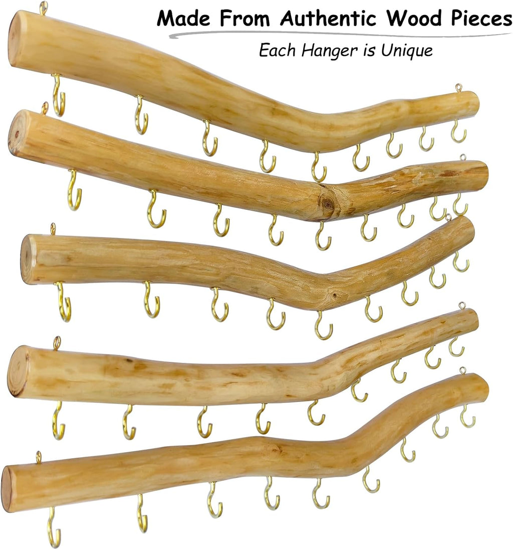 15.7-Inch Rustic Wood Wall Hanging Jewelry Organizer (Small Branch with 9 Metal Hooks)