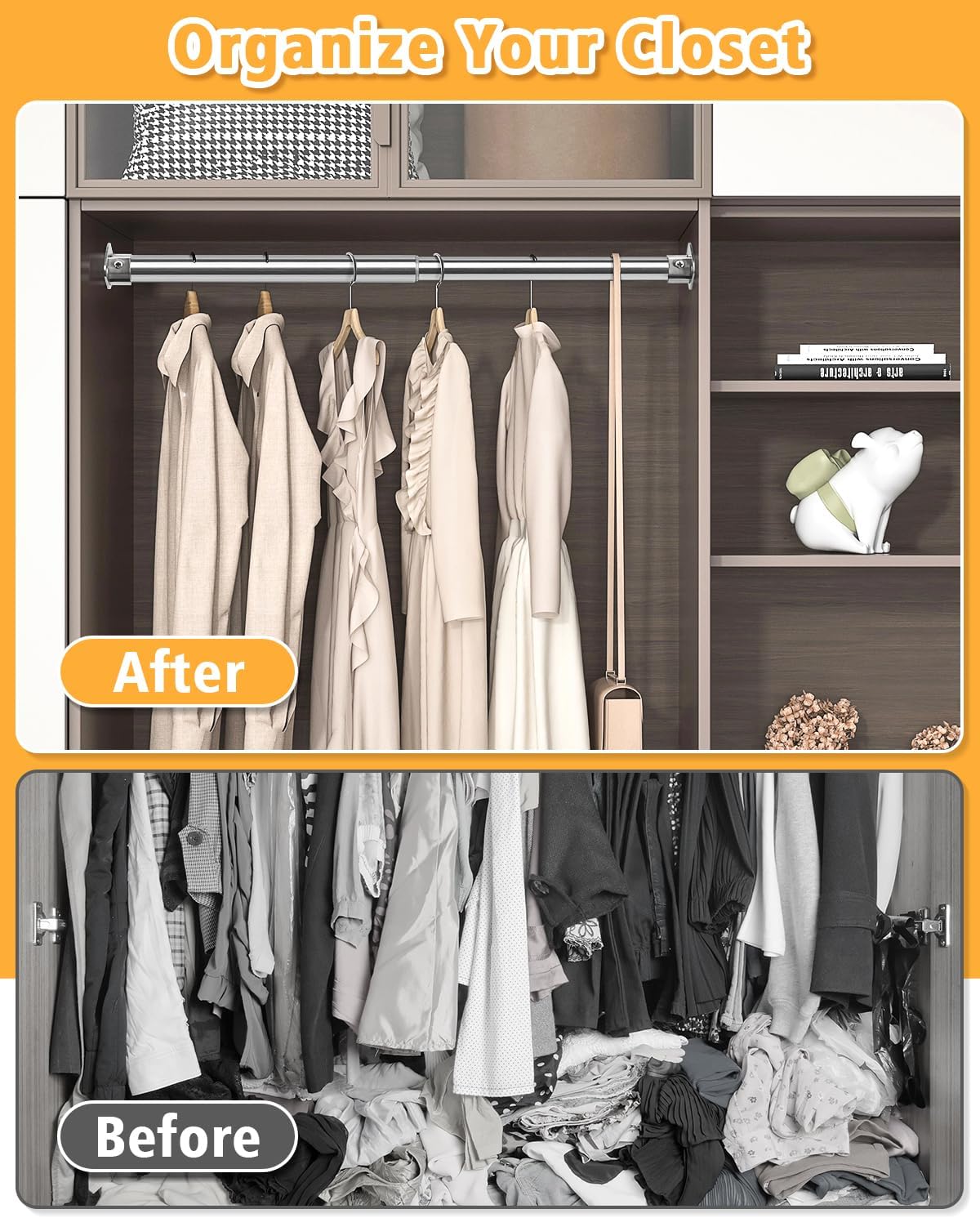 Closet Rod, 17 to 39 Inch Heavy Duty Adjustable Metal Clothing Rack for Hanging Clothes, Closet Poles for Wardrobes, Laundry, Durable Steel, Silver