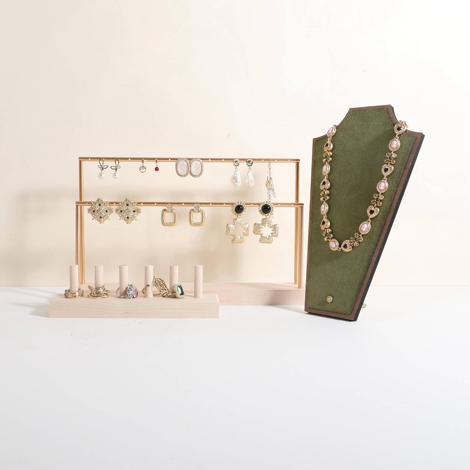 GemeShou wooden earring holder organizer for girls, maple stud earring display stand for boutique store, jewelry storage organizer shelf【maple stand-Two Tiers】