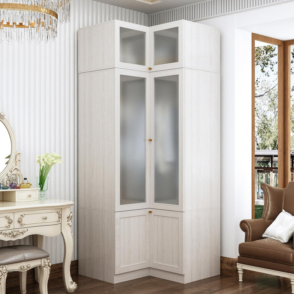 MOUMON Tall Corner Wardrobe, L-Shaped Modern Bedroom Armoires with Frosted Gl...