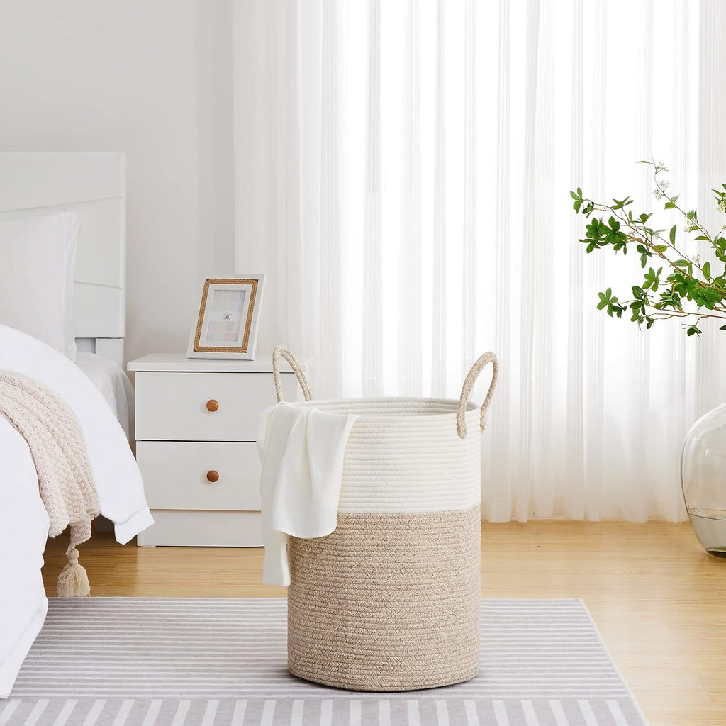 VIPOSCO Large Laundry Hamper, Tall Woven Rope Storage Basket for Blanket, Toys, Dirty Clothes in Living Room, Bathroom, Bedroom - 58L White & Brown