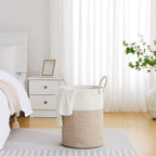 VIPOSCO Large Laundry Hamper, Tall Woven Rope Storage Basket for Blanket, Toys, Dirty Clothes in Living Room, Bathroom, Bedroom - 58L White & Brown