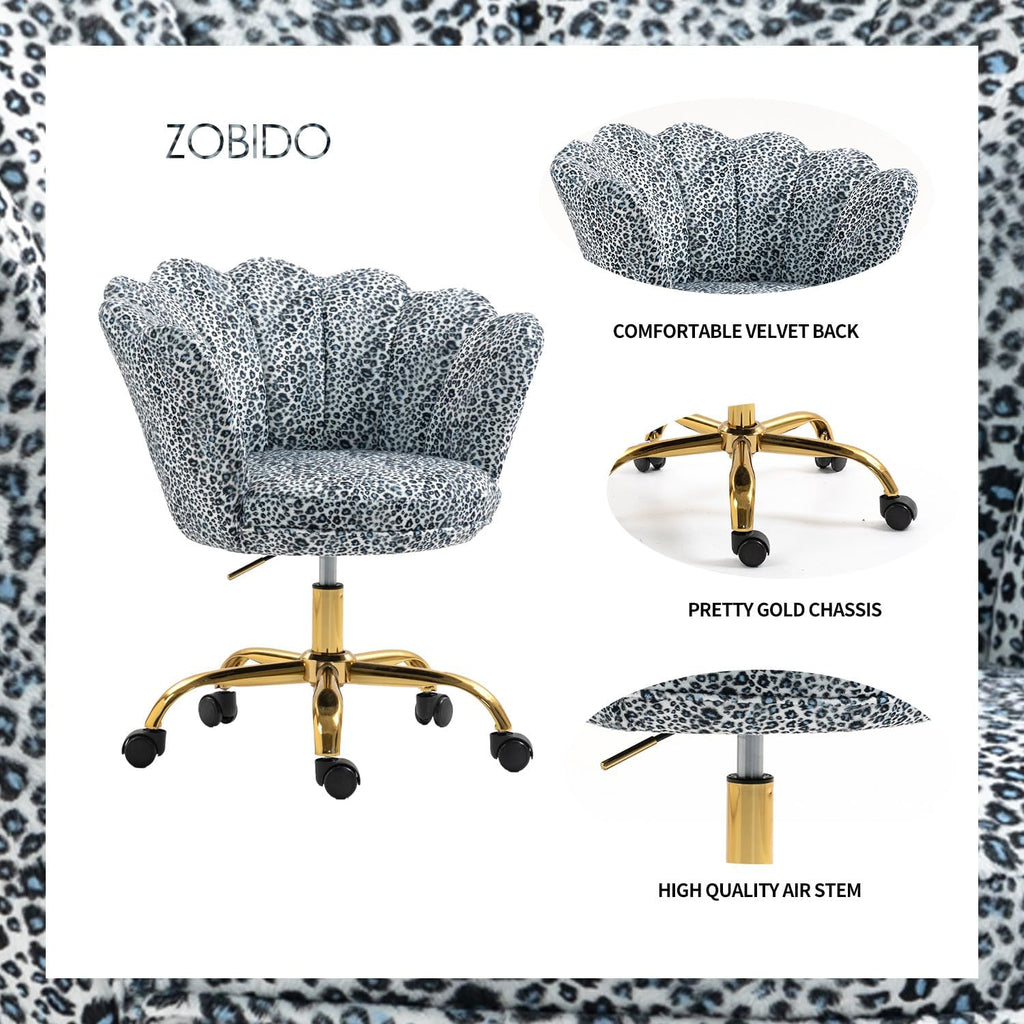 Comfy Home Office Task Chair with Wheels, Cute Modern Upholstered PU Seashell Back Adjustable Swivel Vanity Desk Chair, for Women,for Girls, Living Room, Bedroom（Snow Leopard Pattern