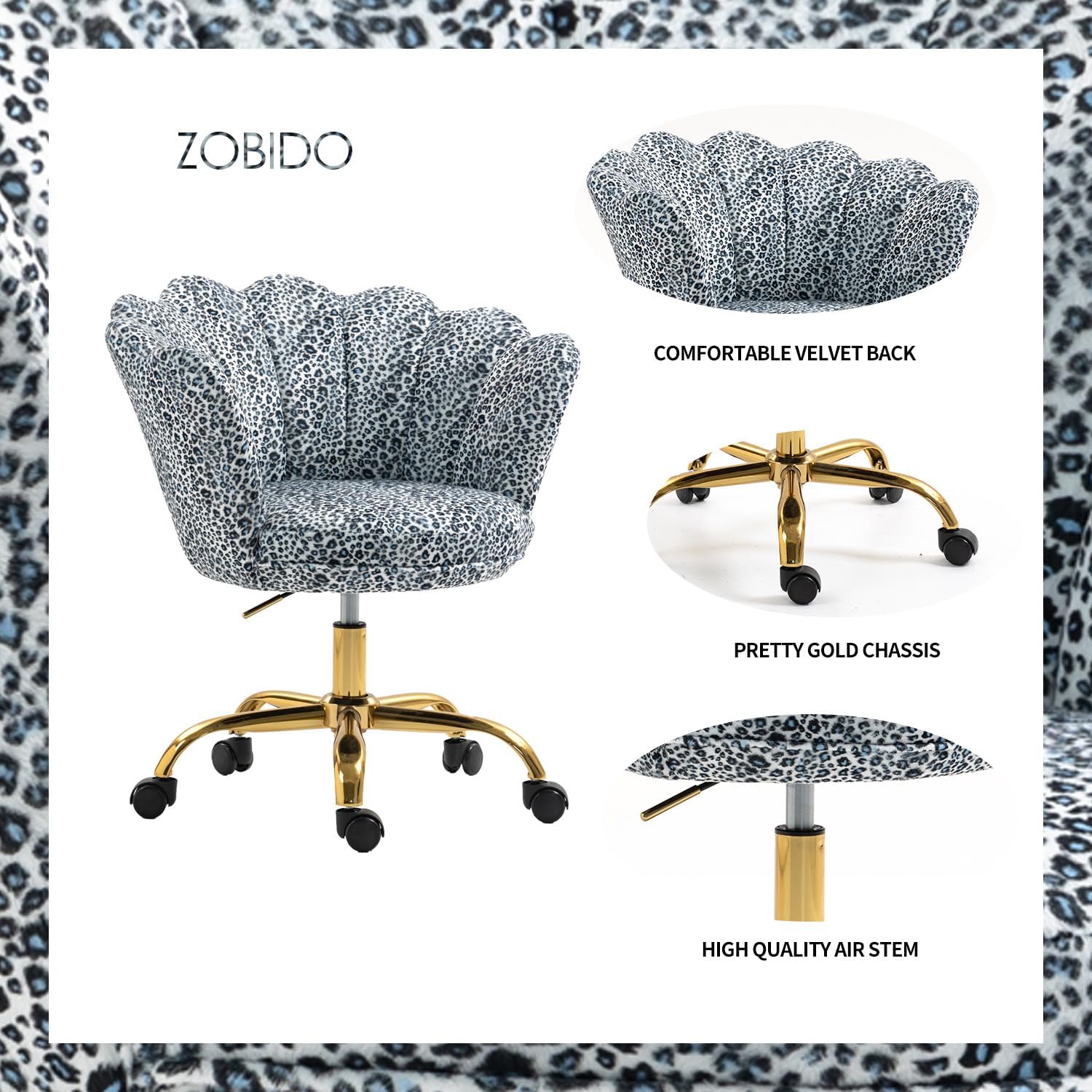 Comfy Home Office Task Chair with Wheels, Cute Modern Upholstered PU Seashell Back Adjustable Swivel Vanity Desk Chair, for Women,for Girls, Living Room, Bedroom（Snow Leopard Pattern
