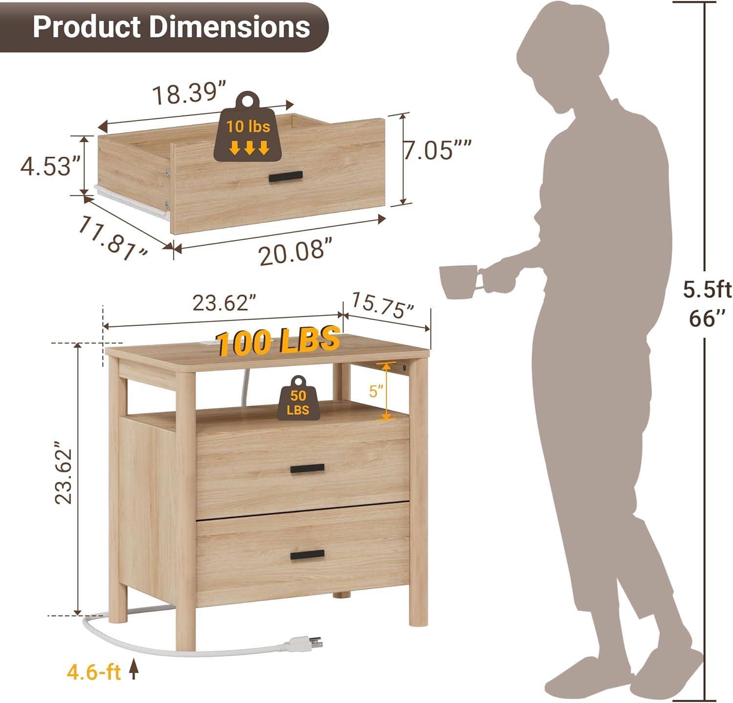 Night Stand with Charging Station, 24" Large Modern Side Table with Solid Round Post Legs, 2 Drawers End Table with Open Shelf, Nightstand with Storage for Bedroom, Natural Oak